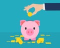 Business people keep money in pink pig piggy bank On the other side were gold coins. Save money for your business