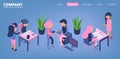 Business people landing. Managers, office male and female isometric characters. Business communication, teamwork vector