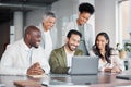 Business people, laptop and meeting in teamwork, collaboration or corporate webinar at the office. Happy diverse group Royalty Free Stock Photo