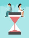 Business people with laptops sit on hourglass. Time management, office work concept. Businessmen works sitting on Royalty Free Stock Photo