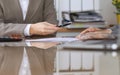 Business people or lawyers signing contract at meeting. Close-up of human hands at work Royalty Free Stock Photo