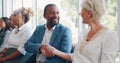 Business people line, recruitment and handshake for man, woman and hello while waiting for hr staff. Human resources Royalty Free Stock Photo