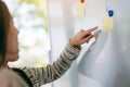 Business people looking, discussing and pointing finger at whiteboard Royalty Free Stock Photo