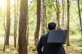 Business people are looking at forests to plan cities and buildings. Businessman in forest holding briefcase. Asian engineers work Royalty Free Stock Photo