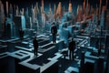 Business people looking at skyscrapers and maze. 3D rendering, Exploring the Evolving Interplay of Business, AI Generated