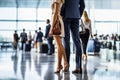 Business people with luggage standing in line at the airport and waiting their turn to go to the check-in counter or boarding gate