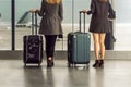 Business people with luggage standing in line at the airport and waiting their turn to go to the check-in counter or boarding gate