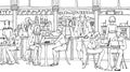 Business people at lunch break in cafe, talking and working with laptops. Doodle illustration Royalty Free Stock Photo