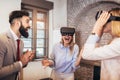 Business people making team training exercise during team building seminar using VR glasses Royalty Free Stock Photo