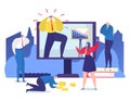 Business people man woman flat team have work problem vector illustration. Person colleague see crash, failure chart at