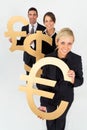 Business People Man and Women Holding Currency Pound Dollar Euro Symbols