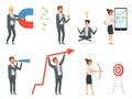 Business people. Managers male and female with tools making deals on their workspaces vector concept characters at work