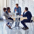 Business people, meeting or discussion with brainstorming for planning, collaboration and technology at table. Employees Royalty Free Stock Photo