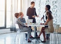 Business people, meeting or discussion in office for planning, collaboration and hand gestures by table. Employees, men Royalty Free Stock Photo