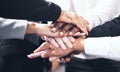 Business people, meeting and hands together for teamwork, unity or collaboration at the office. Hand of group touching Royalty Free Stock Photo