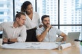 Business people are meeting in office city building view. Group of Business team working and share ideas about project to partners Royalty Free Stock Photo