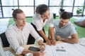 Business people are meeting in office city building view. Group of Business team working and share ideas about project to partners Royalty Free Stock Photo