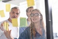 Business people meeting at office and use post it notes to share idea. Brainstorming concept. Sticky note on glass wall Royalty Free Stock Photo