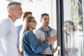 Business people meeting at office and use post it notes to share idea. Brainstorming concept. Sticky note on glass wall Royalty Free Stock Photo