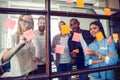 Business people meeting at office and use post it notes to share idea. Brainstorming concept. Sticky note on glass wall Royalty Free Stock Photo