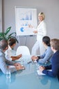 Business people in a meeting, presentation with data analytics and woman speaker, leadership and graphs. Analysis of Royalty Free Stock Photo