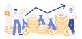 Business people with money stack, profit or price increase concept. Characters making or investing money vector symbols