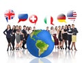 Business people near big earth and flag bubbles Royalty Free Stock Photo