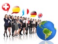 Business people near big earth and flag bubbles Royalty Free Stock Photo