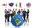 Business people near big earth and flag bubbles Royalty Free Stock Photo