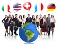 Business people near big earth and flag bubbles Royalty Free Stock Photo