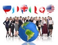 Business people near big earth and flag bubbles Royalty Free Stock Photo