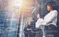 Business people in front of window look far. Future vision, teamwork startup an partnership concept. Double exposure Royalty Free Stock Photo