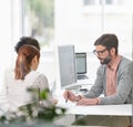 Business people, office and manager talking with staff at desk for planning and data entry specialist. Teamwork Royalty Free Stock Photo