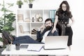 Business people and office staff. Sexy secretary personal assistant. Typical office life. Man bearded hipster boss sit Royalty Free Stock Photo