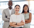 Business people, office team and arms crossed, diversity or portrait of smiling successful group. Happy, startup and Royalty Free Stock Photo
