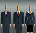 Business people with pencils for heads contrast a sharp and accurate pointed pencil with used and worn eraser headed people