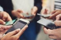 Business people, phone and hands for communication, networking or social media together at office. Hand of group holding Royalty Free Stock Photo