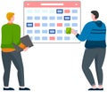 Business people planning schedule. Male employes work to create calendar, weekly plan, timetable