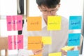 Business people planning startup project placing sticky notes session to share idea on glass wall, Strategy Analysis Office