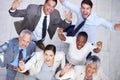 Business people, portrait and team celebration in office, achievement and support or above. Colleagues, diversity and Royalty Free Stock Photo