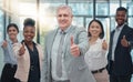 Business people, portrait and thumbs up for winning, agreement or corporate team success at the office. Happy group of Royalty Free Stock Photo