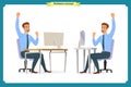 Male office worker poses sitting at computer with tablet having coffee brake cartoon characters set vector illustration Royalty Free Stock Photo
