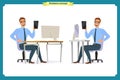 Male office worker poses sitting at computer with tablet having coffee brake cartoon characters set vector illustration Royalty Free Stock Photo