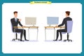 Male office worker poses sitting at computer with tablet having coffee brake cartoon characters set vector illustration Royalty Free Stock Photo