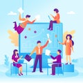 Business people and a presentation in a flat design. Business people teamwork and growth graph. Vector illustration