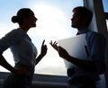 Business people, problem and silhouette of manager discussion with employee over dispute conflict or mistake