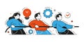 Business people pulling rope together teamwork power vector flat illustration. Partnership support