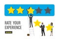 Business people puts five stars rating. Positive review. Rate your experience- landing page. Online survey, Grading system. Happy