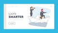 Business People Riding Ship on Sea Wave Landing Page Template. Businesspeople on Paper Boat Sailing. Characters Floating