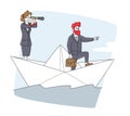 Business People Riding Ship on Sea Waves. Businesspeople Team on Paper Boat Sailing Toward Profit. Characters Floating Royalty Free Stock Photo